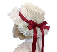Bonnet de paille respirant confortable sur le thème victorien avec bordure en dentelle et nœud papillon pour cosplay, rassemblements, style jardin, bordeaux, Taille unique