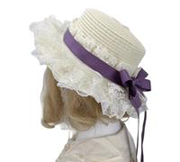 Bonnet de paille respirant confortable sur le thème victorien avec bordure en dentelle et nœud papillon pour cosplay, rassemblements, style jardin, violet, Taille unique