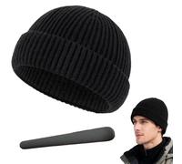 Bonnet de Pêcheur en Laine pour l'hiver, Bonnet Tricoté Chaud pour Homme et Femme, Unisex Trawler Winter Hat, Bord Roulé Travailleur Bonnet Casquette d'hiver Street Décontracté Brimless Chapeau, Noir