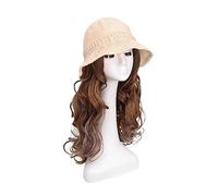 Bonnet de perruque Chapeau femmes été soleil chapeaux blanc seau chapeau avec perruque postiche for femmes faux cheveux vague Fit casquette filles Chapeau de perruque(A)