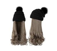 Bonnet De Perruque Chapeau Long Cheveux Bouclés Ondulés Dames Perruque Synthétique Hiver Chaud Bonnet Tricoté Détachable 22 Pouces Perruque Brun Doré Bonnets De Perruque Pour Femmes(12)
