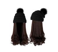 Bonnet De Perruque Chapeau Long Cheveux Bouclés Ondulés Dames Perruque Synthétique Hiver Chaud Bonnet Tricoté Détachable 22 Pouces Perruque Brun Doré Bonnets De Perruque Pour Femmes(7)