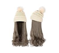 Bonnet de perruque Chapeau Long Cheveux Bouclés Ondulés Dames Perruque Synthétique Hiver Chaud Bonnet Tricoté Détachable 22 Pouces Perruque Brun Doré Chapeau de perruque(5)