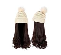 Bonnet De Perruque Chapeau Long Cheveux Bouclés Ondulés Dames Perruque Synthétique Hiver Chaud Bonnet Tricoté Détachable 22 Pouces Perruque Brun Doré Bonnets De Perruque Pour Femmes(3)