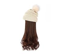 Bonnet de perruque Chapeau Long Cheveux Bouclés Ondulés Dames Perruque Synthétique Hiver Chaud Bonnet Tricoté Détachable 22 Pouces Perruque Brun Doré Chapeau de perruque(10)
