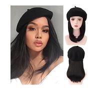 Bonnet de perruque Perruque Dames Chapeau Perruque Perruque Synthétique Droite Courte Extensions de Cheveux Noirs 16 Pouces Cheveux Raides for Dames Chapeau de perruque(4)