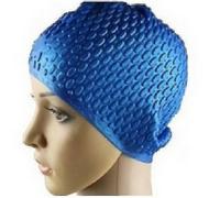 Bonnet de piscine imperméable pour cheveux longs, bleu en silicone