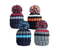 Bonnet de ski thermique en tricot épais à rayures avec doublure polaire en fourrure douce R80 et grand pompon Taille env. 5-10 ans (un seul chapeau sera fourni au hasard), Un seul chapeau sera fourni