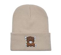 Bonnet de vache écossaise des Highlands pour femmes Mignon Vache écossaise Bonnet tricoté chaud Hip Hop Bonnet pour l'hiver Unisexe Bonnet de ski Chapeau en fourrure pour femmes, beige, taille unique