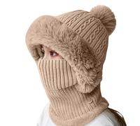 Bonnet d'hiver 3 en 1 pour femme 2026 avec écharpe et masque en polaire épaisse - Cagoule chaude pour l'hiver - Coupe-vent - Écharpe tricotée - Écharpe à capuche - Bonnet pour l'extérieur, E01 Kaki