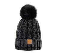 Bonnet d'hiver côtelé pour femme en tricot épais avec pompon doux et chaud, gris foncé, taille unique