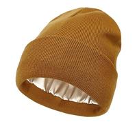 Bonnet D'Hiver Doublé de Satin Pour Femme Avec Doublure en Soie éPaisse et Motif TêTe de Mort Femmes Hiver Chaud Satin Doublé Bonnet Tricot Slouchy Chapeaux Soie Doublure Ski (Coffee, One Size)