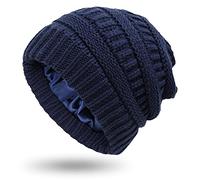 Womens Satin Lined Winter Beanie Cable Knit Beanie for Women Silk Lining Thick Chunky Hat Skull Warm Cap (Large-Slouchy-Navy Blue)