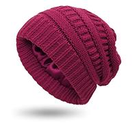 Womens Satin Lined Winter Beanie Cable Knit Beanie for Women Silk Lining Thick Chunky Hat Skull Warm Cap (Burgundy-Large-Slouchy)…