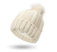 Bonnet d'hiver doublé de satin pour femme avec doublure en soie épaisse et motif tête de mort, Pom-beige, Taille unique