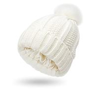 Bonnet d'hiver doublé de satin pour femme avec doublure en soie épaisse et motif tête de mort, Pom-blanc, Taille unique