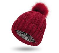 Bonnet d'hiver doublé de satin pour femme avec doublure en soie épaisse et motif tête de mort, Pom-bordeaux, Taille unique