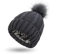 Bonnet d'hiver doublé de satin pour femme avec doublure en soie épaisse et motif tête de mort, Pom-gris foncé, Taille unique