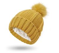 Bonnet d'hiver doublé de satin pour femme avec doublure en soie épaisse et motif tête de mort, Pom-moutarde, Taille unique