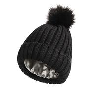 Bonnet d'hiver doublé de Satin pour Femme avec Doublure en Soie épaisse et Motif tête de Mort, Pomme détachable - Noir, Taille Unique