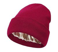 Bonnet d'hiver doublé de Satin pour Femme avec Doublure en Soie épaisse et Motif tête de Mort, Revers Bordeaux, Taille Unique