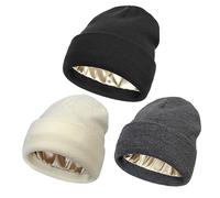 Bonnet d'hiver doublé de satin pour femme - Bonnet d'hiver en tricot torsadé avec doublure en soie épaisse et chaude, Revers noir + gris foncé + beige, Taille unique