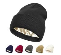 Bonnet d'hiver doublé de satin pour femme - Bonnet d'hiver en tricot torsadé avec doublure en soie épaisse et chaude, Revers noir, Taille unique