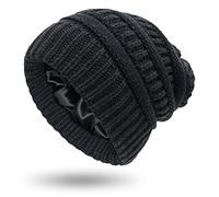 Bonnet d'hiver doublé de satin pour femme, bonnet en tricot torsadé avec doublure en soie épaisse et épaisse à motif de tête de mort (noir, taille L, ample)