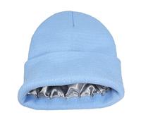 Bonnet d'hiver doublé en satin pour femme avec doublure en soie et pompon, Revers bleu, Taille unique