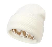 Bonnet d'hiver en tricot torsadé doublé de satin pour femme avec doublure en soie épaisse et tête de mort chaude, Poignets blancs, Taille unique
