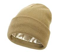 Bonnet d'hiver en tricot torsadé doublé de satin pour femme avec doublure en soie épaisse et tête de mort chaude, Kaki à revers, Taille unique