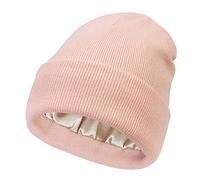 Bonnet d'hiver doublé en satin pour femme avec doublure en soie et pompon, Revers rose, Taille unique
