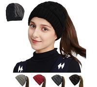 Bonnet d'hiver en tricot torsadé doublé de satin pour femme avec doublure en soie épaisse et tête de mort chaude, Queue de cheval noire, Taille unique
