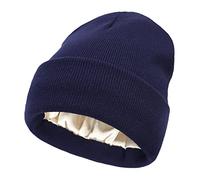 Bonnet d'hiver en tricot torsadé doublé en satin pour femme avec doublure en soie épaisse et épaisse tête de mort, Revers bleu marine, Taille unique