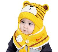 Bonnet d'hiver pour bébé garçon et fille avec oreilles d'ours avec écharpe doublée en polaire - Cache-cou pour enfants - 2 chapeaux élégants pour bébé, jaune, taille unique