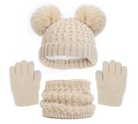 Bonnet d'hiver pour enfant fille - Bonnet d'hiver - Gants - Écharpe - Ensemble pour fille - Avec pompon - Cache-cou - Guêtres - Moufles doublées en polaire - Ensemble bonnet d'hiver pour homme, beige