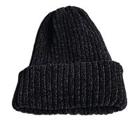 Bonnet d'hiver tricoté côtelé pour femme avec pompon en velours chenille épais couleur unie, Noir , Taille unique