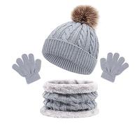 Bonnet Écharpe Gants Ensemble, Filles Garcons Hiver Chaud Tricoté Chapeau avec Pompon Doux Polaire Doublure Tour de Cou Gants 3 en 1, Enfant 2-8 Ans Épaissir Accessoires Hiver Set G Gris