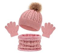 Bonnet Écharpe Gants Ensemble, Filles Garcons Hiver Chaud Tricoté Chapeau avec Pompon Doux Polaire Doublure Tour de Cou Gants 3 en 1, Enfant 2-8 Ans Épaissir Accessoires Hiver Set G Rose