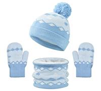 Bonnet Écharpe Gants Ensemble, Filles Garcons Hiver Chaud Tricoté Chapeau avec Pompon Doux Polaire Doublure Tour de Cou Gants 3 en 1, Enfant 2-8 Ans Épaissir Accessoires Hiver Set