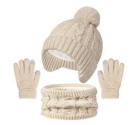 Bonnet Écharpe Gants Ensemble Filles Garcons Hiver Chaud Tricoté Chapeau avec Pompon Doux Polaire Doublure Tour de Cou Gants 3 en 1 Épaissir Accessoires Hiver Set (Beige, One Size)