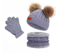 Bonnet Écharpe Gants Ensemble, Filles Garcons Hiver Chaud Tricoté Chapeau avec Pompon Doux Polaire Doublure Tour de Cou Gants 3 en 1, Enfant 2-8 Ans Épaissir Accessoires Hiver Set