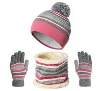Bonnet Écharpe Gants Ensemble, Filles Garcons Hiver Chaud Tricoté Chapeau avec Pompon Doux Polaire Doublure Tour de Cou Gants 3 en 1, Enfant 2-8 Ans Épaissir Accessoires Hiver Set