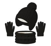 Bonnet Écharpe Gants Ensemble Filles Garcons Hiver Chaud Tricoté Chapeau avec Pompon Doux Polaire Doublure Tour de Cou Gants 3 en 1 Épaissir Accessoires Hiver Set (Noir, One Size)