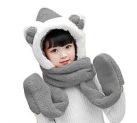Bonnet Echarpe Moufle 3 en 1 Enfant Chapeau Fille Garcon Hiver avec Un Foulard de Gants Chaud Mignon Unisexe Cagoules en Peluche Cache Oreilles Capuche pour Voyage Ski Noël Outdoor