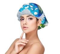 Bonnet en satin bleu motif champignon de dessin animé, bonnet de cheveux pour dormir, bonnet de sommeil doux double couche en soie pour femme, cheveux longs bouclés naturels tressés