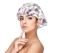Bonnet en satin de soie avec nœud violet et imprimé lavande pour femme endormie, bonnet de nuit double couche réglable pour cheveux bouclés