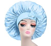 Bonnet en satin de soie pour dormir : bonnet de nuit réglable pour femme, taille jumbo, large bande confortable pour tresses, cheveux longs bouclés (bleu ciel)