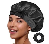 Bonnet en Soie - 100% Soie de mûrier - Bonnet de Sommeil en Soie - pour Femmes - Bonnet de Nuit pour Cheveux bouclés - Turban en Satin de Soie (Noir)