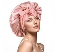 Bonnet en soie pour femme endormie, bonnet de nuit en satin double couche avec bande élastique à nouer réglable (or rose clair)